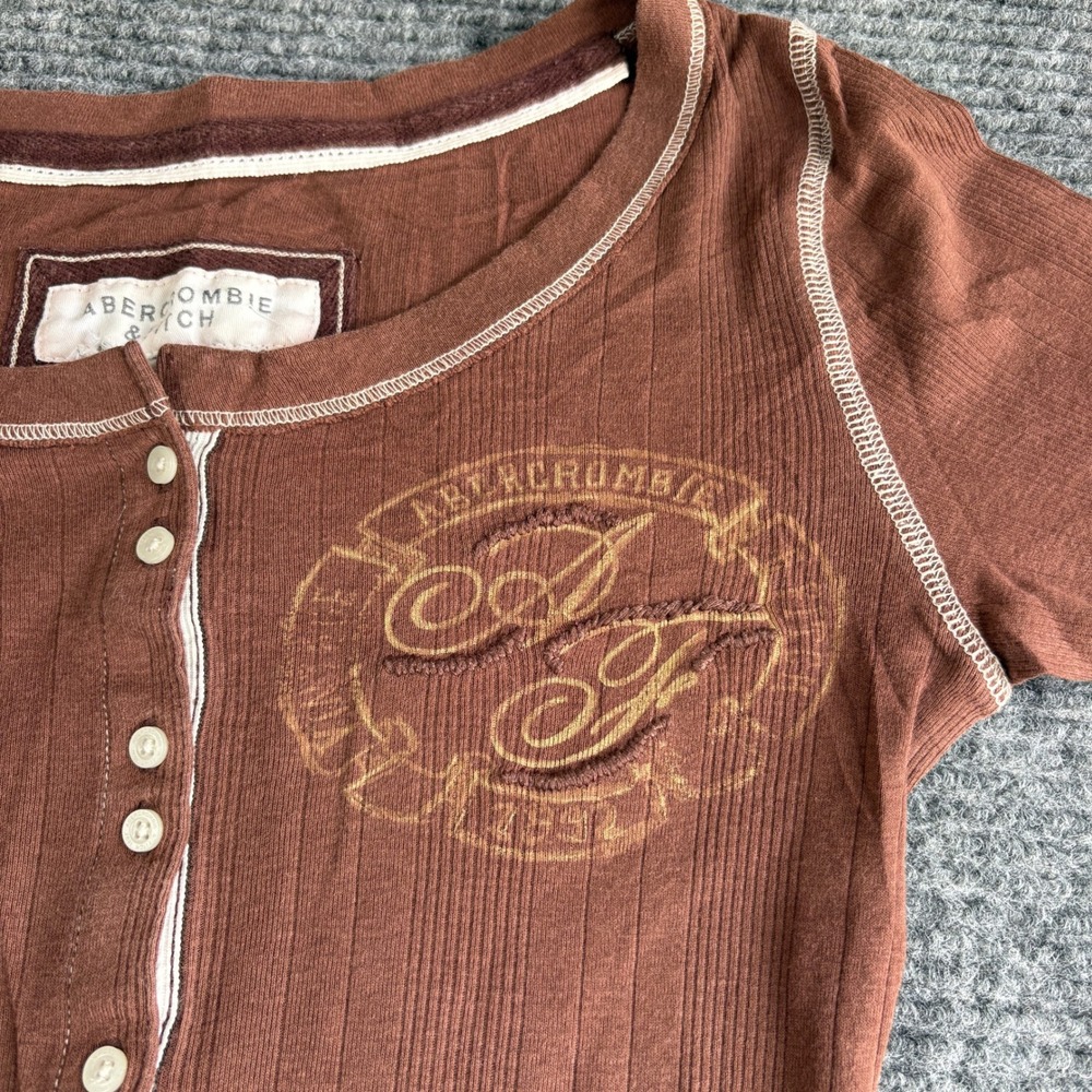Abercrombie & Fitch Brown Ribbed Henley Top Y2K Logo Contrast Stitch Size M - Picture 2 of 6
